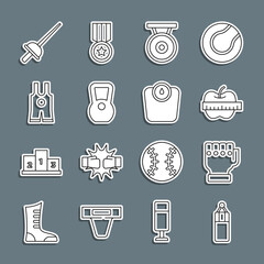 Set line Punching bag, MMA glove, Apple and measuring tape, Gong, Kettlebell, Wrestling singlet, Fencing and Bathroom scales icon. Vector