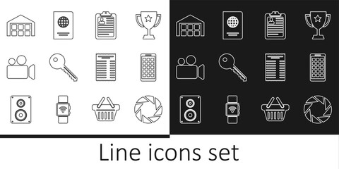 Set line Camera shutter, Mobile Apps, Clipboard with resume, Key, Movie or Video camera, Warehouse, Paper financial check and Passport icon. Vector