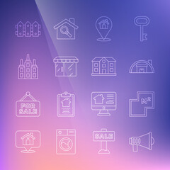 Set line Megaphone, House plan, Warehouse, Location with, Market store, Skyscraper, Garden fence wooden and icon. Vector