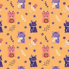 Seamless pattern with Maneki neko, japanese lucky cat, fortune symbol. Cute kitty character of oriental flat vector illustration