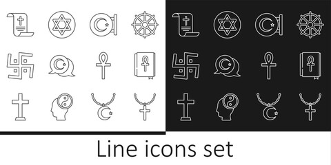 Set line Christian cross on chain, Cross ankh book, Star and crescent, Hindu swastika, Decree, paper, parchment, scroll, and of David icon. Vector