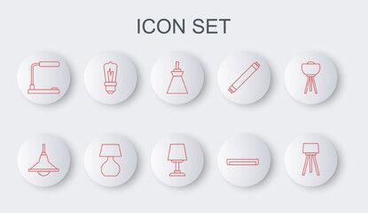 Set line Floor lamp, Chandelier, Lamp hanging, Fluorescent, Table, Light bulb, and icon. Vector