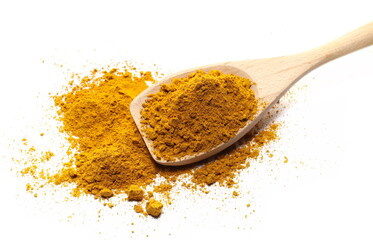 Curry pile, mix ground turmeric, fenugreek, coriander, ginger, cumin, allspice, chili, nutmeg, cardamom isolated  on white