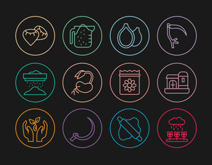 Set line Plant sprouts grow in the rain, Farm house, Pumpkin seeds, Sprout, Sifting flour, Seed, Pack full of of plant and Measuring cup icon. Vector