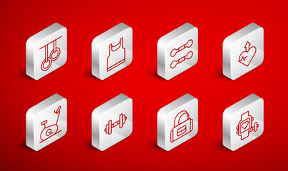 Set line Smart watch with heart, Sleeveless t-shirt, Dumbbell, Heartbeat increase, Sport bag, Gymnastic rings, and Stationary bicycle icon. Vector