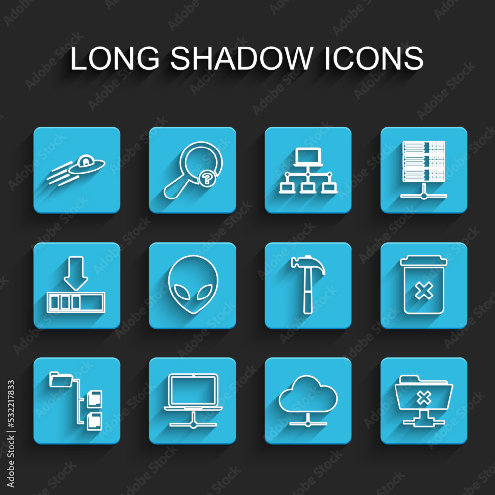 Poster set line folder tree, computer network, ufo flying spaceship and alien, network cloud connection, ft