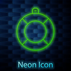 Glowing neon line Lifebuoy icon isolated on brick wall background. Lifebelt symbol. Vector