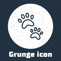 Fototapeta premium Grunge line Paw print icon isolated on grey background. Dog or cat paw print. Animal track. Monochrome vintage drawing. Vector
