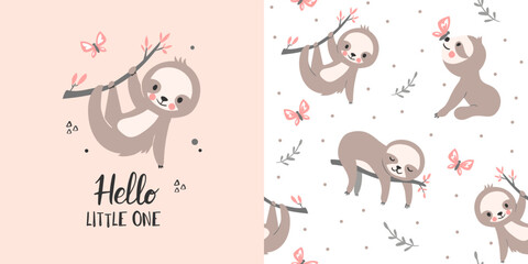 Fototapeta premium Cute seamless pattern with sloth bear. Hand drawn vector print and pattern.