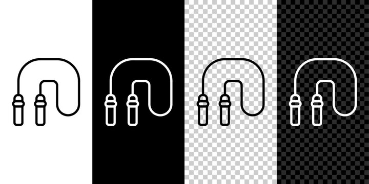 Set line Jump rope icon isolated on black and white, transparent background. Skipping rope. Sport equipment. Vector
