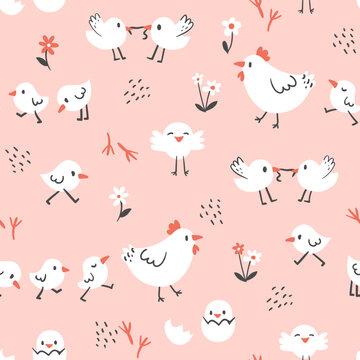 Сhildish pattern with chickens and hen, kids print. Spring seamless background, cute vector texture for kids bedding, fabric, wallpaper, wrapping paper, textile, t-shirt print