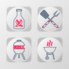 Set line Barbecue grill, Crossed fork and spatula and Ketchup bottle icon. Vector