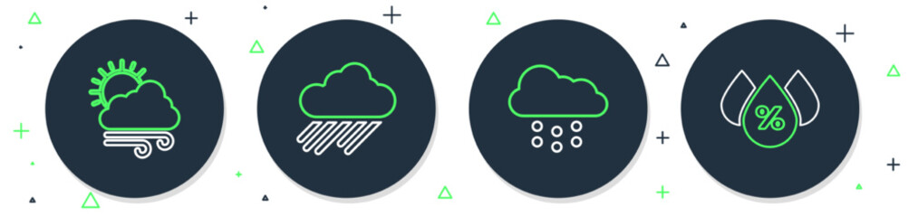 Set line Cloud with rain, snow, Windy weather and Water drop percentage icon. Vector