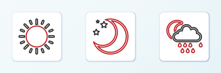 Set line Cloud with rain and moon, Sun and Moon stars icon. Vector