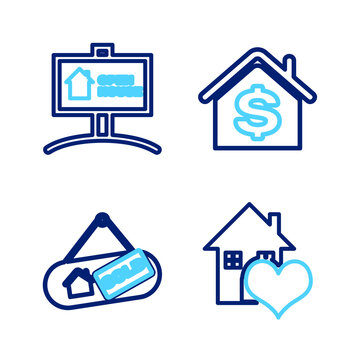 Set line House with heart shape, Hanging sign Sold, dollar and Open house icon. Vector