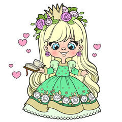Cute long haired cartoon princess girl with book color variation for coloring page on white background