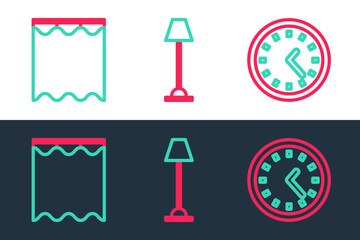 Set line Clock, Curtains and Floor lamp icon. Vector