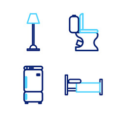 Set line Bed, Refrigerator, Toilet bowl and Floor lamp icon. Vector