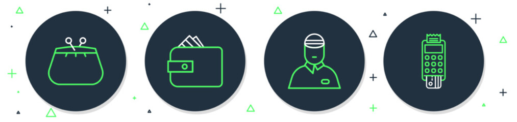 Set line Wallet with paper money cash, Seller, and POS terminal credit card icon. Vector