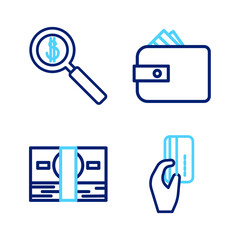 Set line Hand holding with credit card, Stacks paper money cash, Wallet and Magnifying glass dollar icon. Vector
