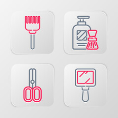 Set line Hand mirror, Scissors hairdresser, Shaving gel foam brush and Hairbrush icon. Vector