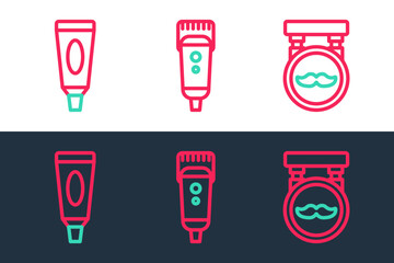 Set line Barbershop, Cream or lotion cosmetic tube and Electrical hair clipper shaver icon. Vector