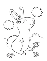 Fototapete Karikaturzeichnung Cute Easter Bunny Rabbit Coloring Book Page Vector Illustration Art