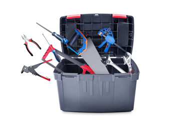 Black container with work tools on a white isolated background