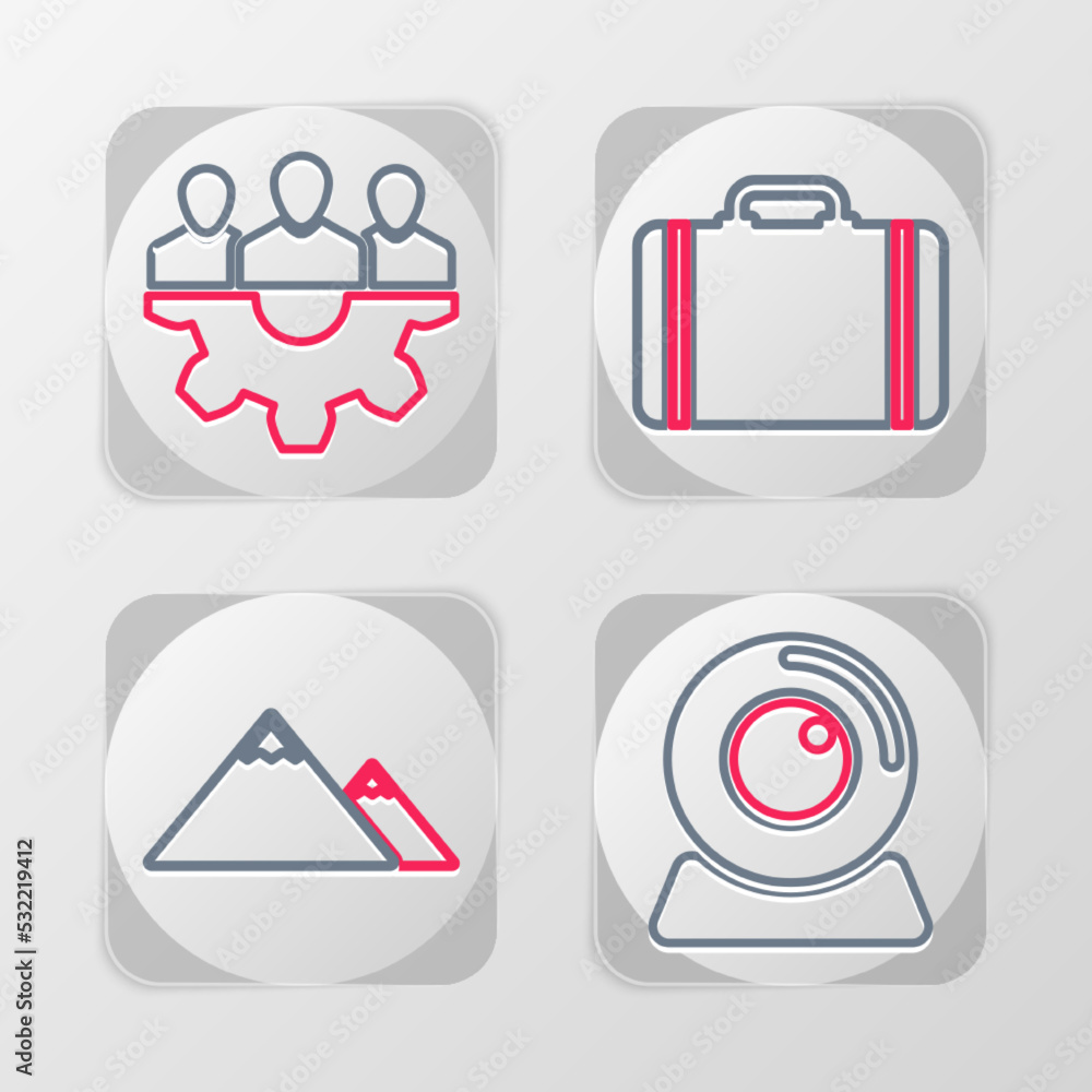 Poster set line web camera, mountains, suitcase for travel and project team base icon. vector
