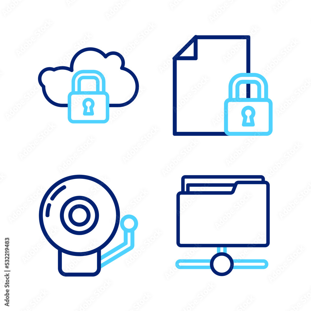 Poster set line ftp folder, ringing alarm bell, document and lock and cloud computing icon. vector