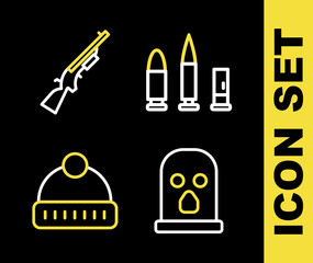 Set line Bullet and cartridge, Balaclava, Winter hat and Shotgun icon. Vector