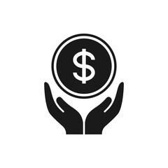Dollar coin on hand. Investment, earnings, income, donation icon flat style isolated on white background. Vector illustration