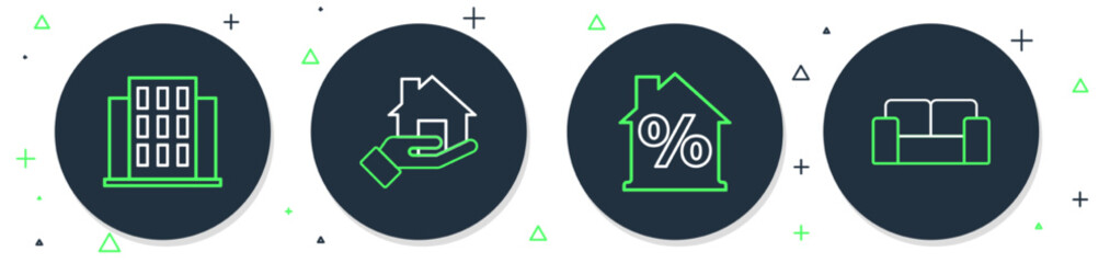 Set line Realtor, House with percant discount, and Sofa icon. Vector