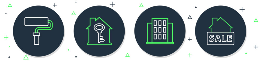 Set line House with key, Paint roller brush and Hanging sign Sale icon. Vector