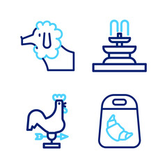 Set line Croissant package, Rooster weather vane, Fountain and Poodle dog icon. Vector