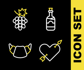 Set line Bottles of wine, Amour with heart and arrow, Croissant and Grape fruit icon. Vector