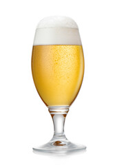 Glass of lager draught craft ipa premium beer with foam on white background.