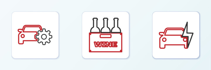 Set line Electric car, Car service and Bottles of wine in box icon. Vector