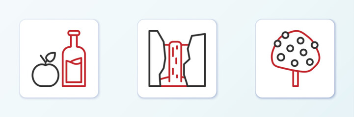 Set line Orange tree, Apple cider bottle and Algar waterfall icon. Vector