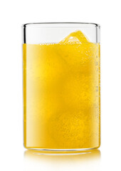 Orange soda drink with ice cubes and bubbles on white background.