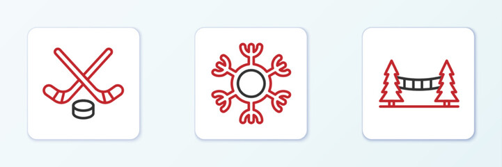 Set line Capilano Suspension Bridge, Ice hockey sticks and puck and Snowflake icon. Vector