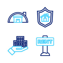 Set line Hanging sign with Rent, Skyscraper, House shield and Warehouse icon. Vector