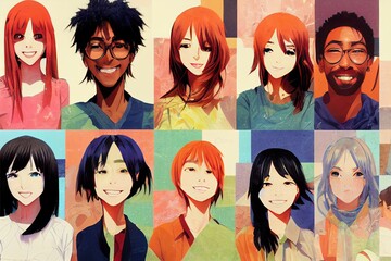 anime style, Collage of large group of smiling people composite portrait image gathered together reaching out each other 4g 5g connection contacting multiracial society 2d V1 High quality 2d - Powered by Adobe
