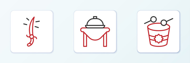 Set line Ramadan drum, Arabian saber and Table food icon. Vector