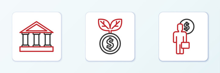 Set line Business man planning mind, Bank building and Dollar plant icon. Vector