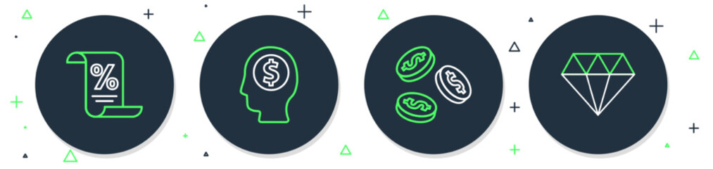 Set line Business man planning mind, Coin money with dollar, Finance document and Diamond icon. Vector