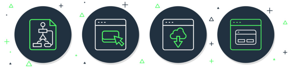 Set line Browser files, Cloud technology data transfer, Flowchart and Search engine icon. Vector
