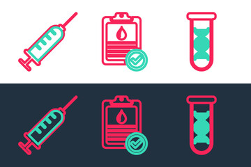 Set line DNA research, search, Syringe and Clipboard with blood test icon. Vector