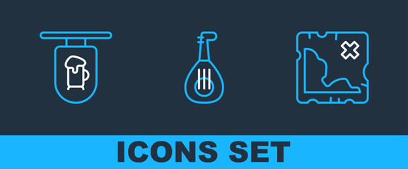 Set line Pirate treasure map, Street signboard with Bar and Lute icon. Vector