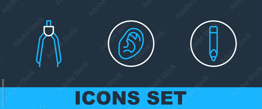 Sticker set line pencil, drawing compass and ear listen sound signal icon. vector